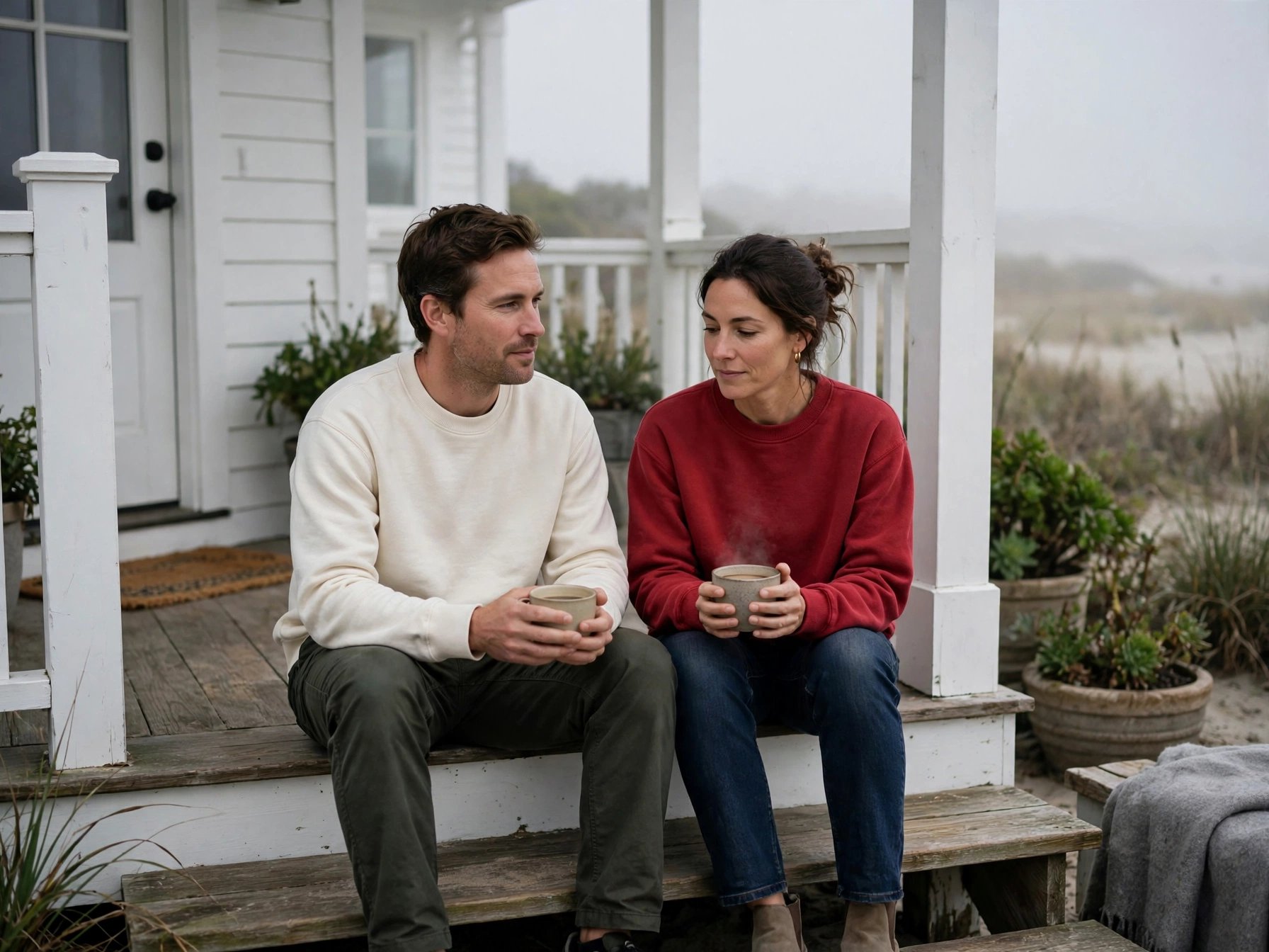 Two people in cream and red crewneck sweatshirts sitting on porch steps with coffee