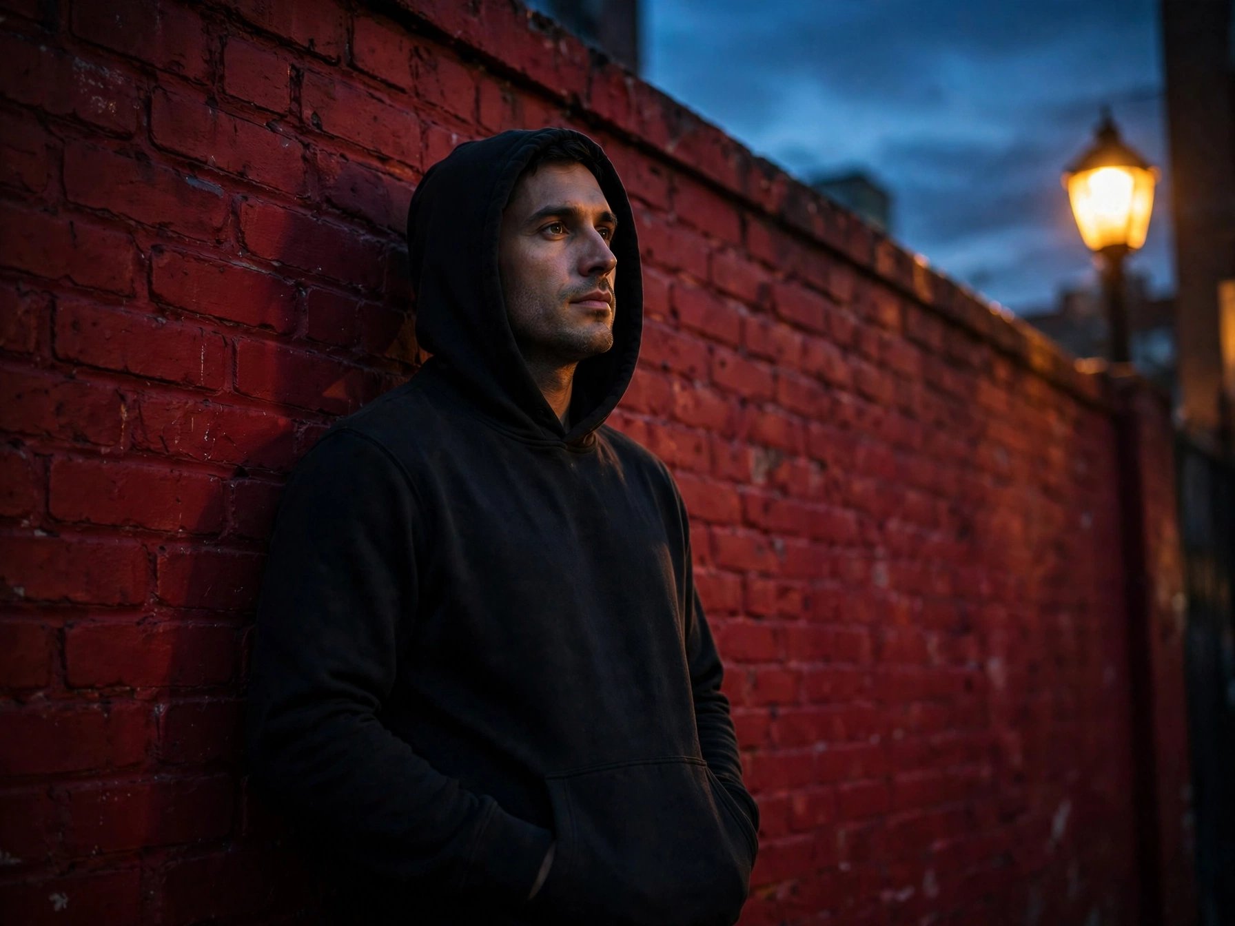 Man in a black pullover hoodie leaning against a red brick wall at dusk