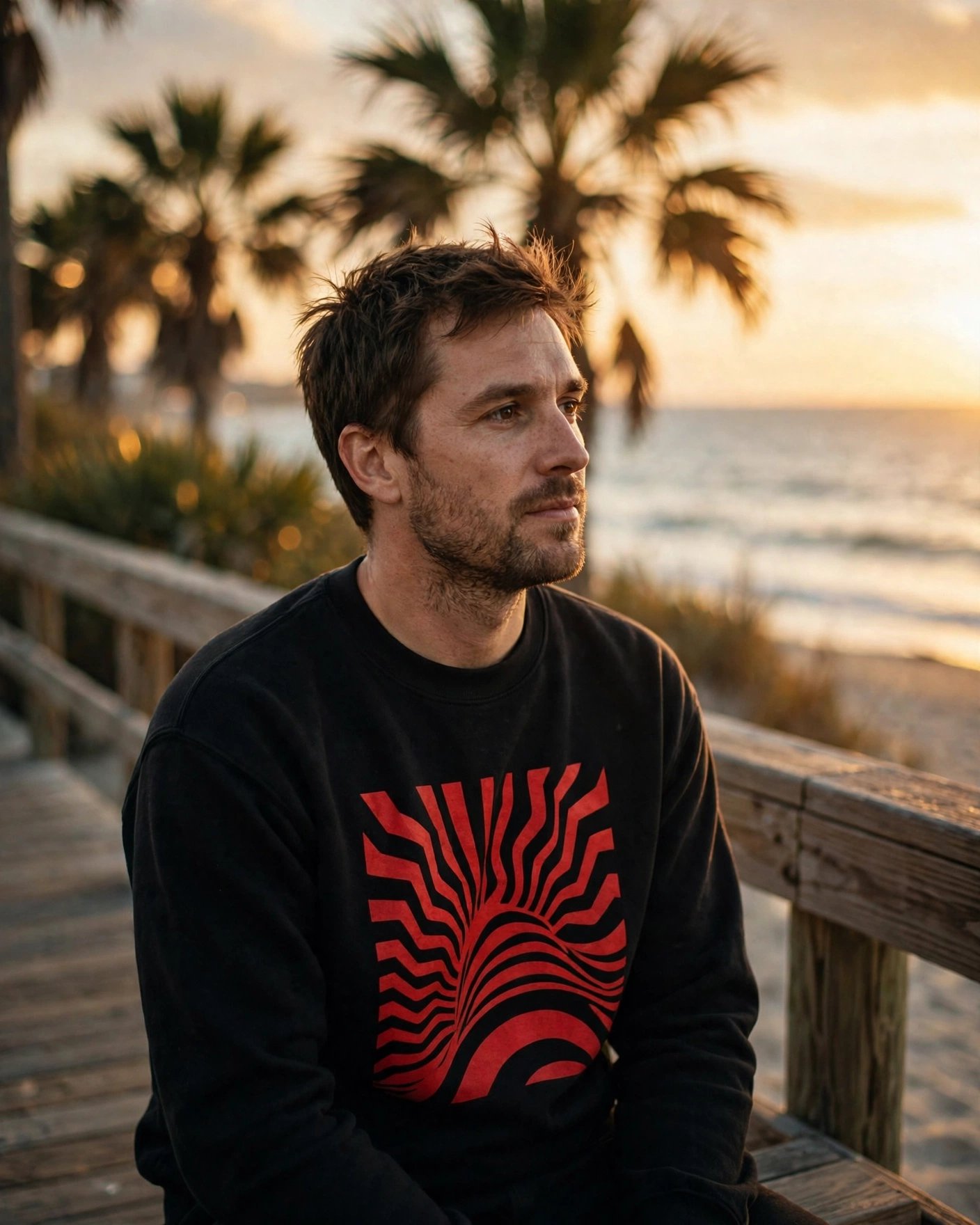 Man wearing a black crewneck sweatshirt with a red print from Thehutstore, sitting on a beach boardwalk at golden hour